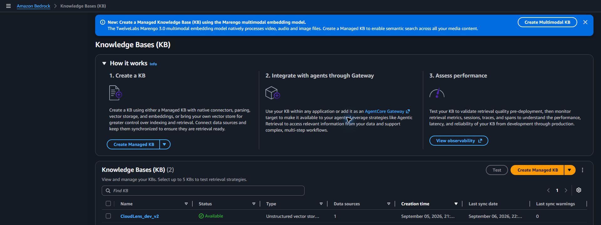 Amazon Bedrock console showing deployed CloudLens Knowledge Bases